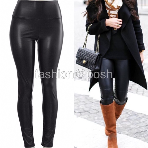 Black leather leggings faux lined High waist LINED - Picture 3 of 4
